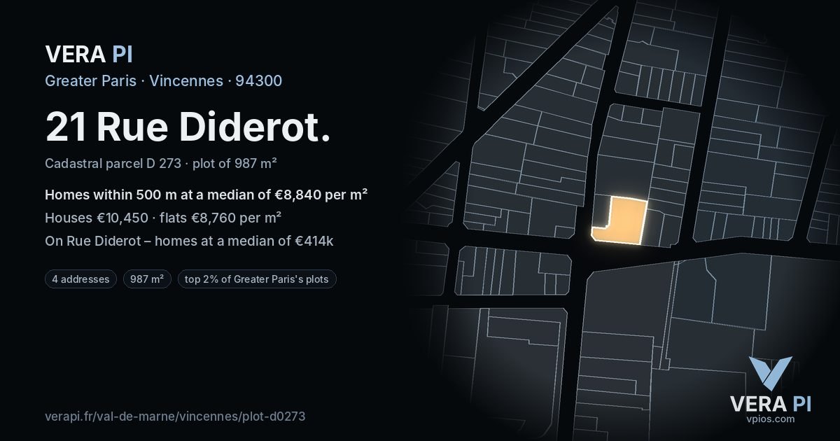 21 Rue Diderot, Vincennes at night – the plot lit, the parcels around coloured by the prices near them