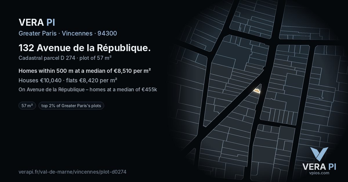 132 Avenue de la République, Vincennes at night – the plot lit, the parcels around coloured by the prices near them