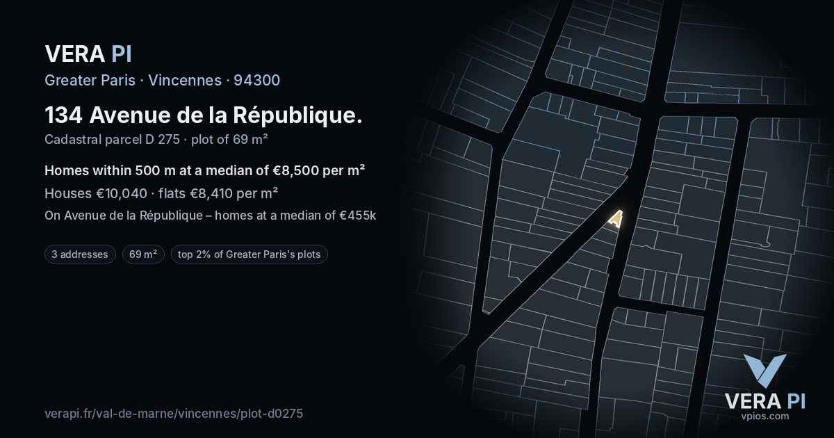 134 Avenue de la République, Vincennes at night – the plot lit, the parcels around coloured by the prices near them