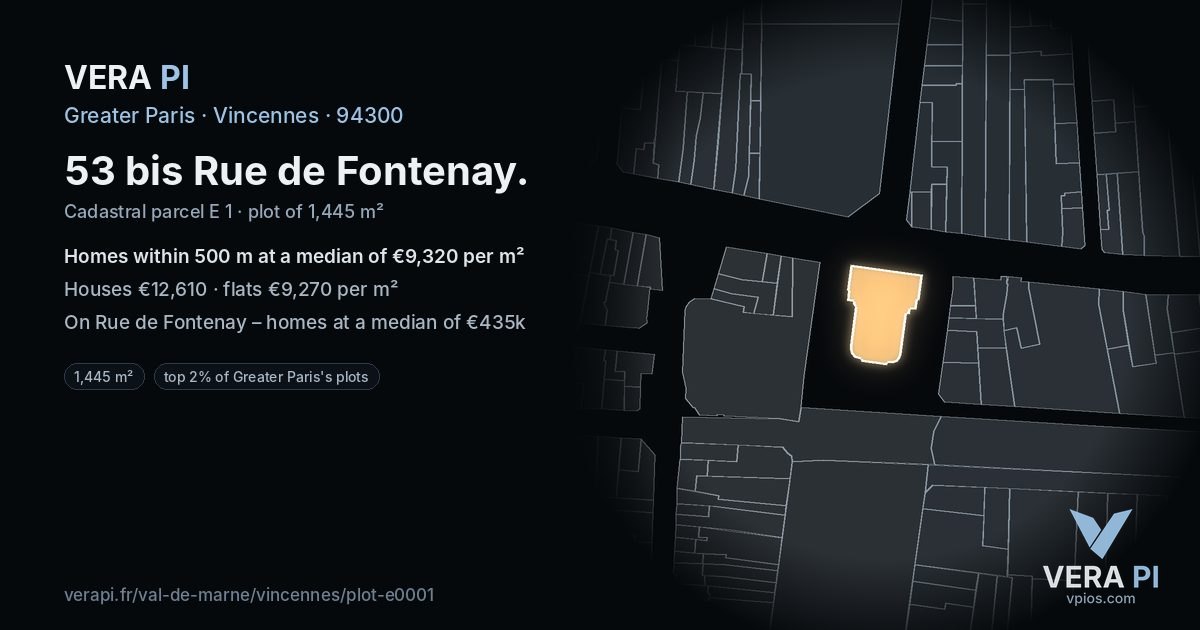 53 bis Rue de Fontenay, Vincennes at night – the plot lit, the parcels around coloured by the prices near them
