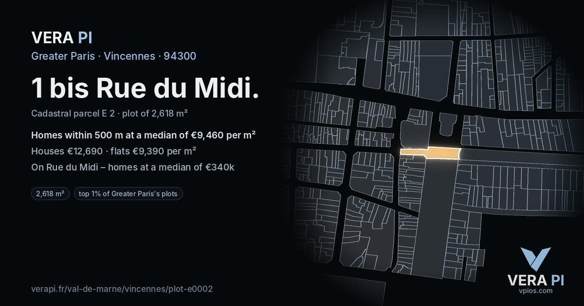 1 bis Rue du Midi, Vincennes at night – the plot lit, the parcels around coloured by the prices near them