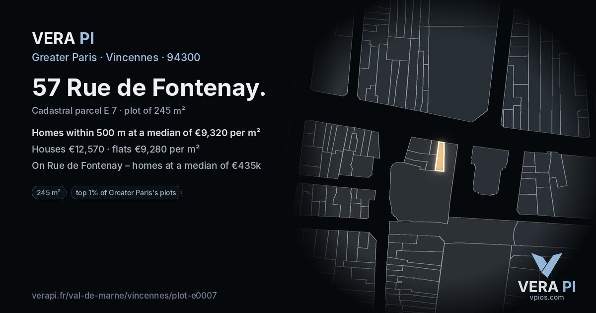 57 Rue de Fontenay, Vincennes at night – the plot lit, the parcels around coloured by the prices near them