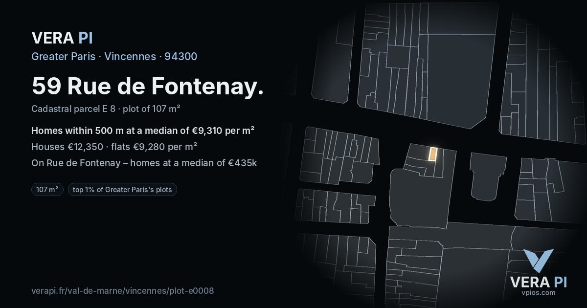 59 Rue de Fontenay, Vincennes at night – the plot lit, the parcels around coloured by the prices near them