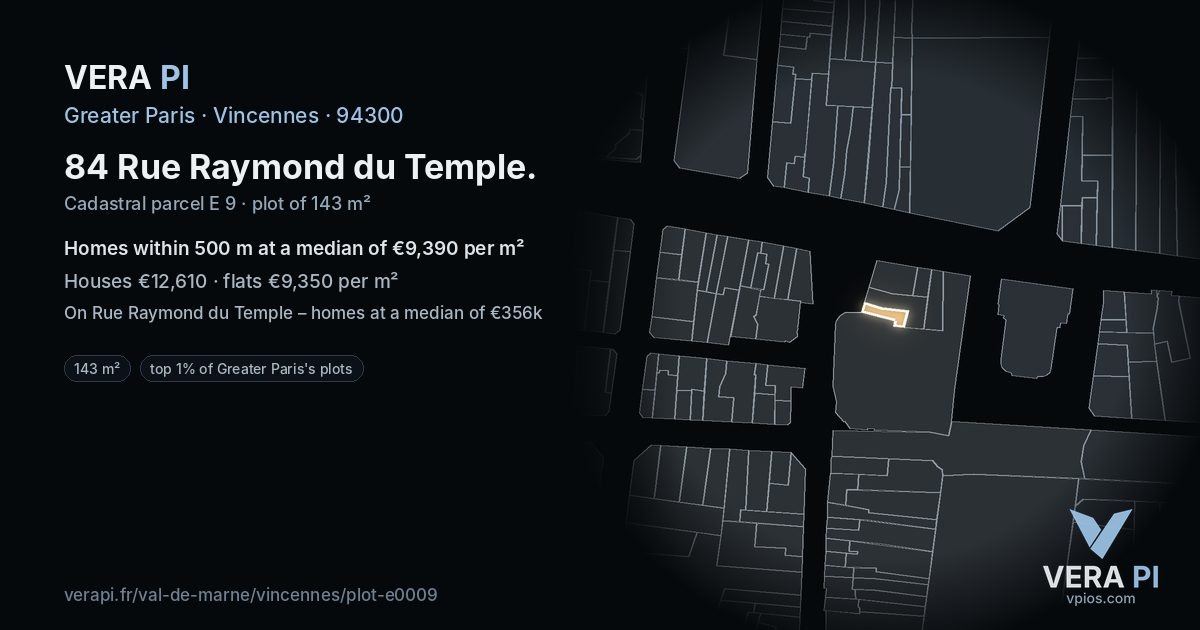 84 Rue Raymond du Temple, Vincennes at night – the plot lit, the parcels around coloured by the prices near them