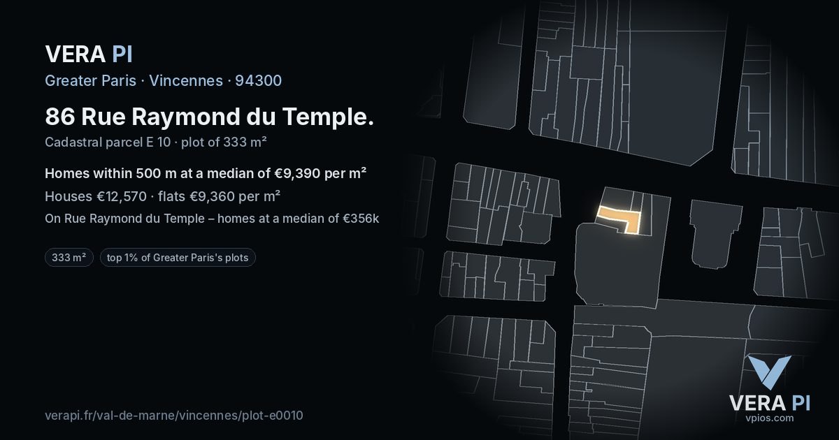 86 Rue Raymond du Temple, Vincennes at night – the plot lit, the parcels around coloured by the prices near them