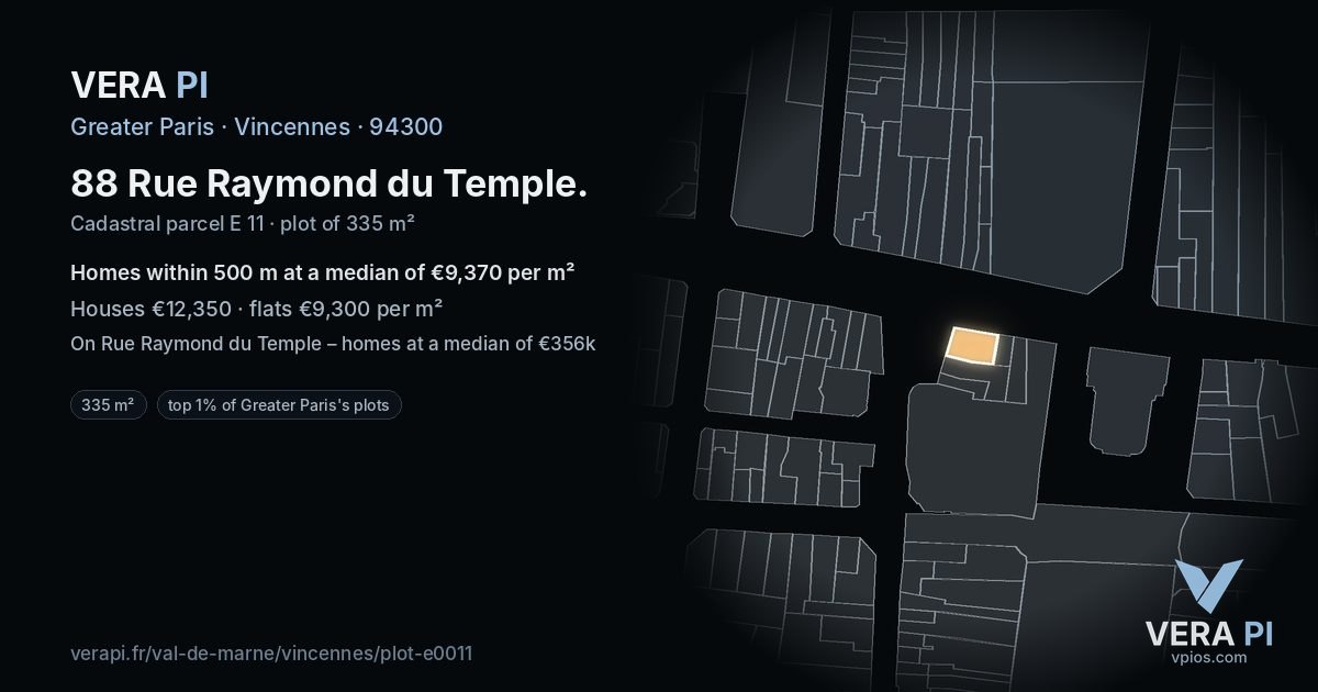 88 Rue Raymond du Temple, Vincennes at night – the plot lit, the parcels around coloured by the prices near them