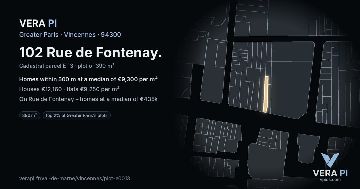 102 Rue de Fontenay, Vincennes at night – the plot lit, the parcels around coloured by the prices near them