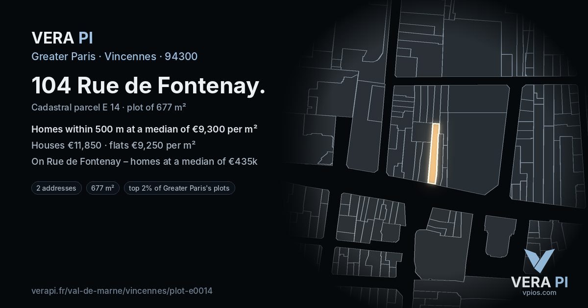 104 Rue de Fontenay, Vincennes at night – the plot lit, the parcels around coloured by the prices near them