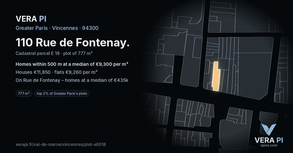 110 Rue de Fontenay, Vincennes at night – the plot lit, the parcels around coloured by the prices near them