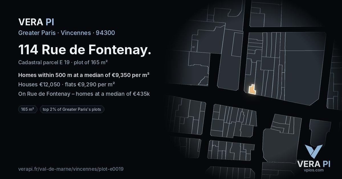 114 Rue de Fontenay, Vincennes at night – the plot lit, the parcels around coloured by the prices near them