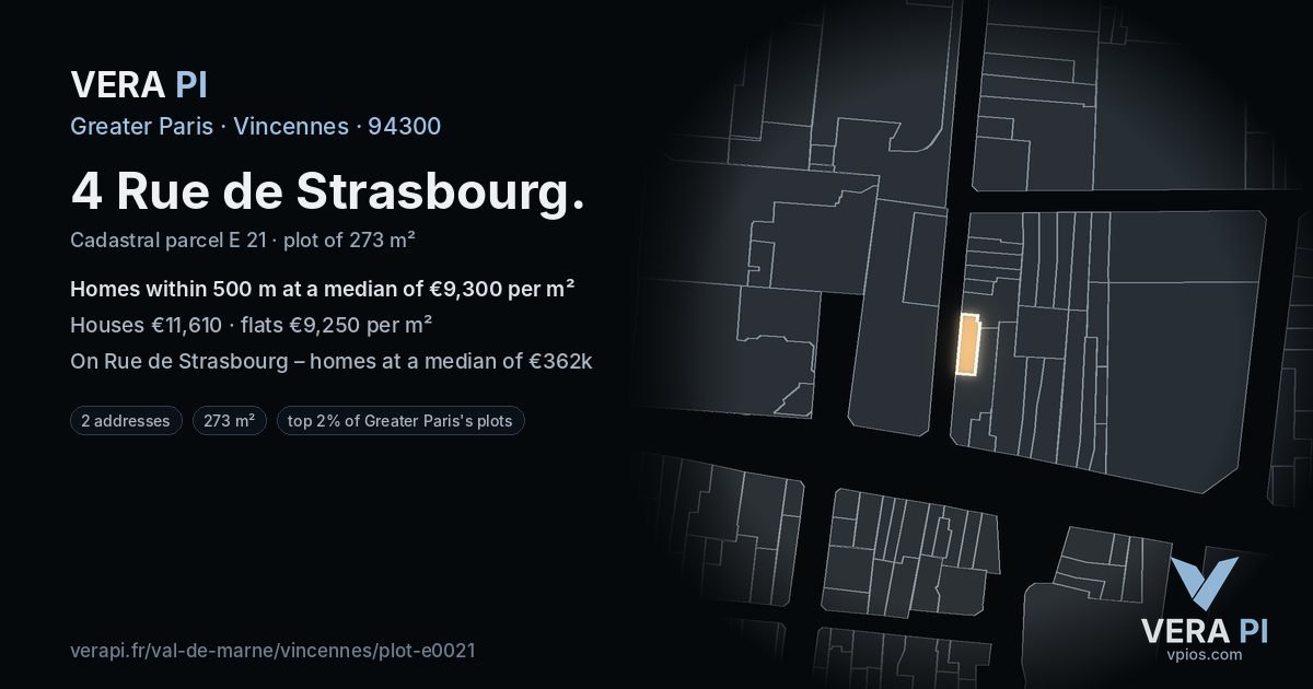 4 Rue de Strasbourg, Vincennes at night – the plot lit, the parcels around coloured by the prices near them