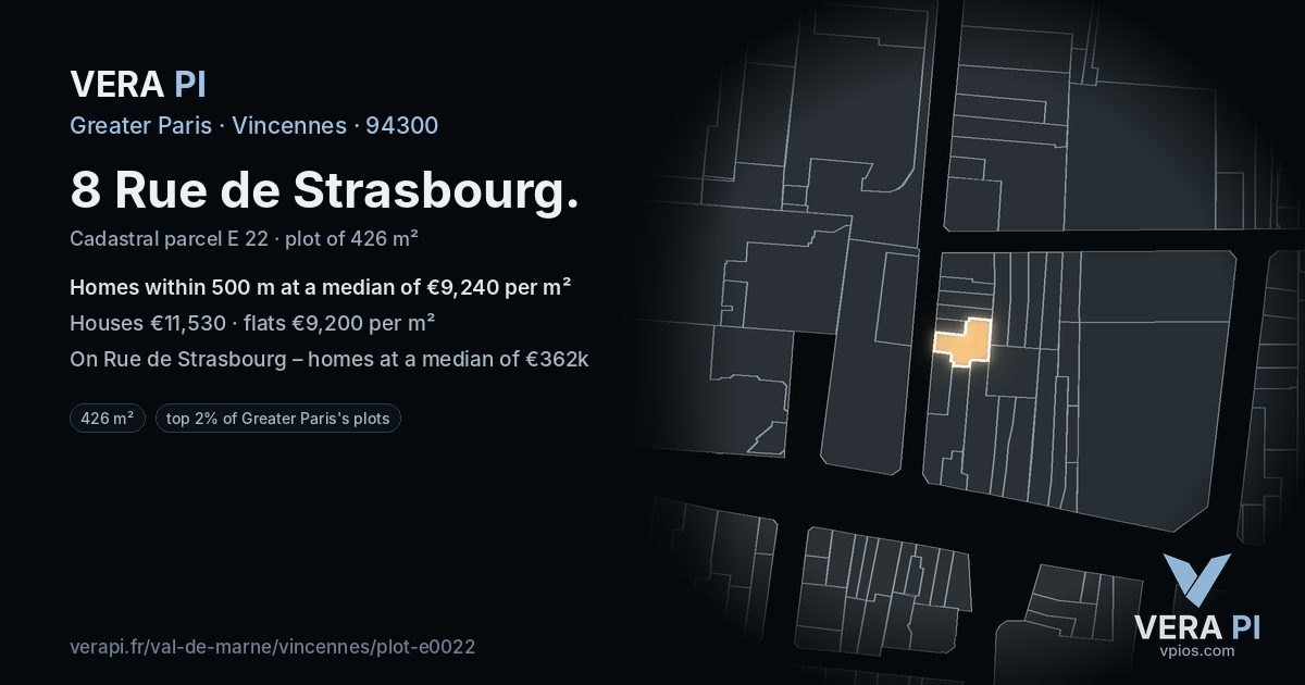 8 Rue de Strasbourg, Vincennes at night – the plot lit, the parcels around coloured by the prices near them