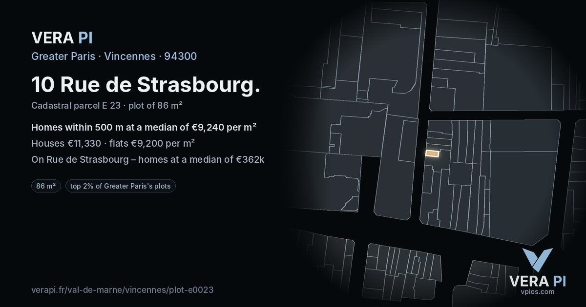 10 Rue de Strasbourg, Vincennes at night – the plot lit, the parcels around coloured by the prices near them