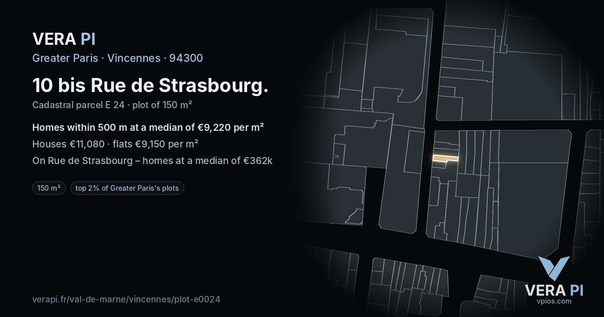 10 bis Rue de Strasbourg, Vincennes at night – the plot lit, the parcels around coloured by the prices near them