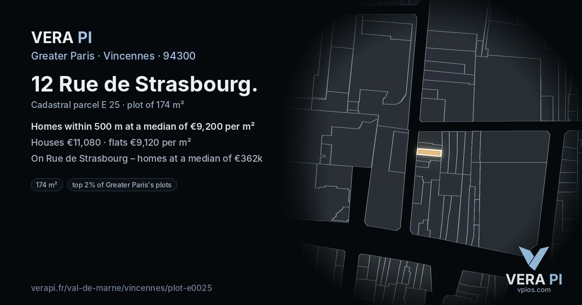12 Rue de Strasbourg, Vincennes at night – the plot lit, the parcels around coloured by the prices near them