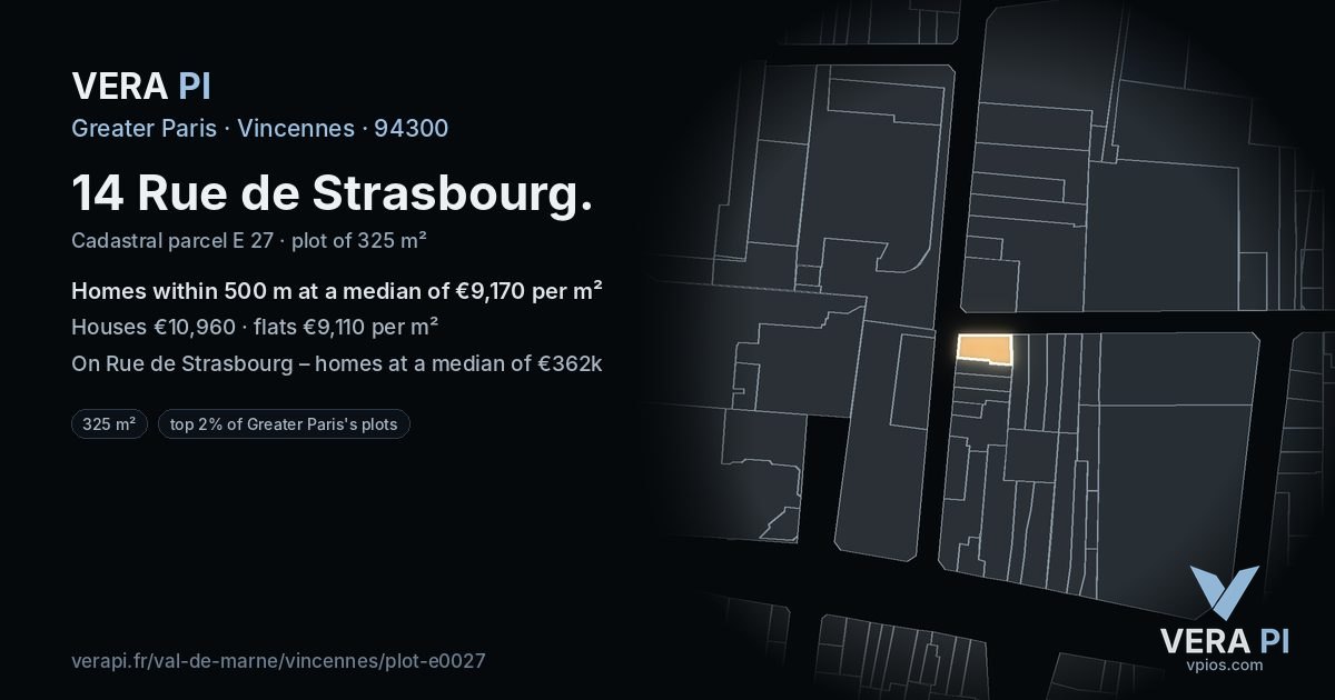14 Rue de Strasbourg, Vincennes at night – the plot lit, the parcels around coloured by the prices near them