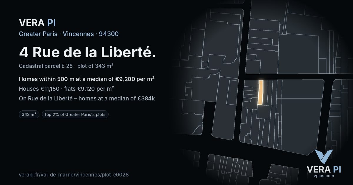 4 Rue de la Liberté, Vincennes at night – the plot lit, the parcels around coloured by the prices near them