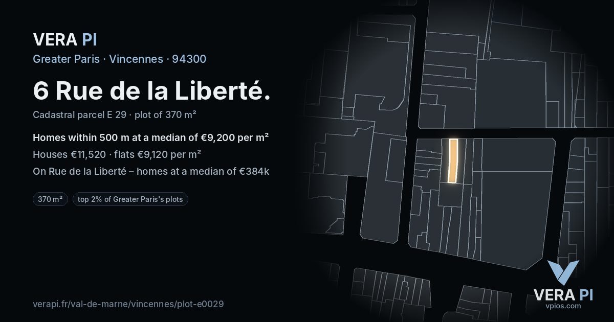 6 Rue de la Liberté, Vincennes at night – the plot lit, the parcels around coloured by the prices near them