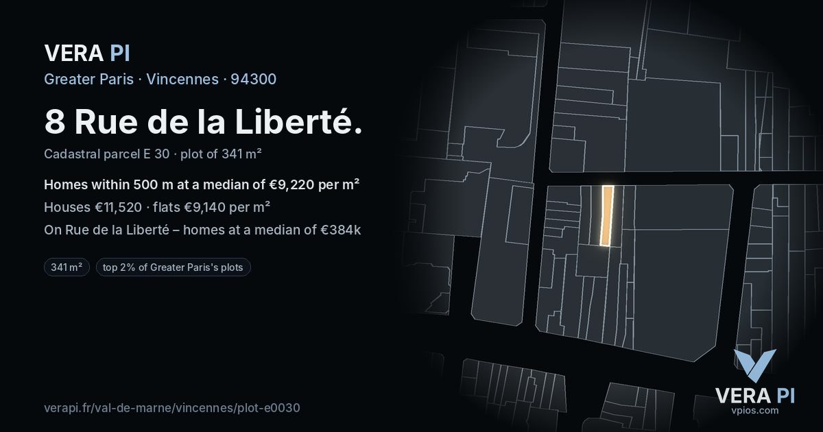 8 Rue de la Liberté, Vincennes at night – the plot lit, the parcels around coloured by the prices near them