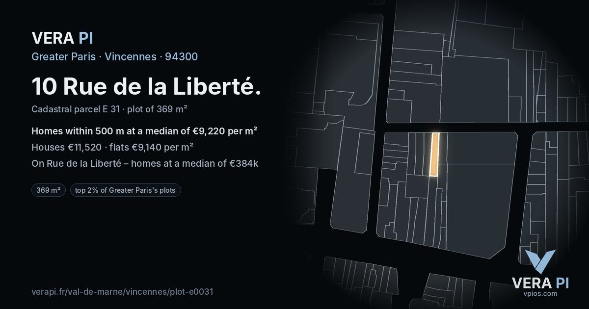 10 Rue de la Liberté, Vincennes at night – the plot lit, the parcels around coloured by the prices near them