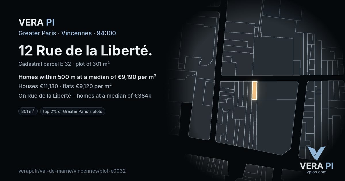12 Rue de la Liberté, Vincennes at night – the plot lit, the parcels around coloured by the prices near them