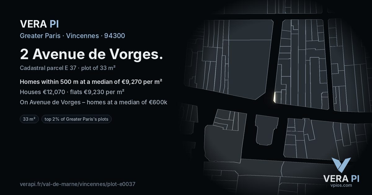 2 Avenue de Vorges, Vincennes at night – the plot lit, the parcels around coloured by the prices near them