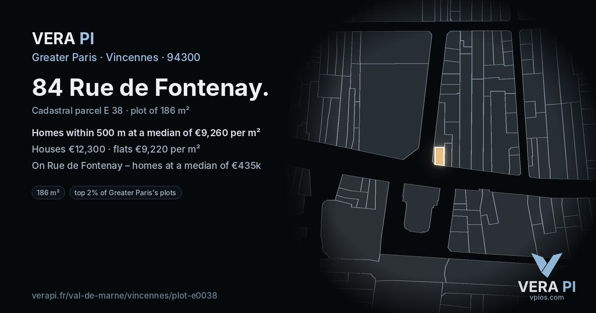 84 Rue de Fontenay, Vincennes at night – the plot lit, the parcels around coloured by the prices near them
