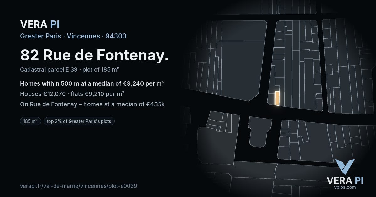 82 Rue de Fontenay, Vincennes at night – the plot lit, the parcels around coloured by the prices near them