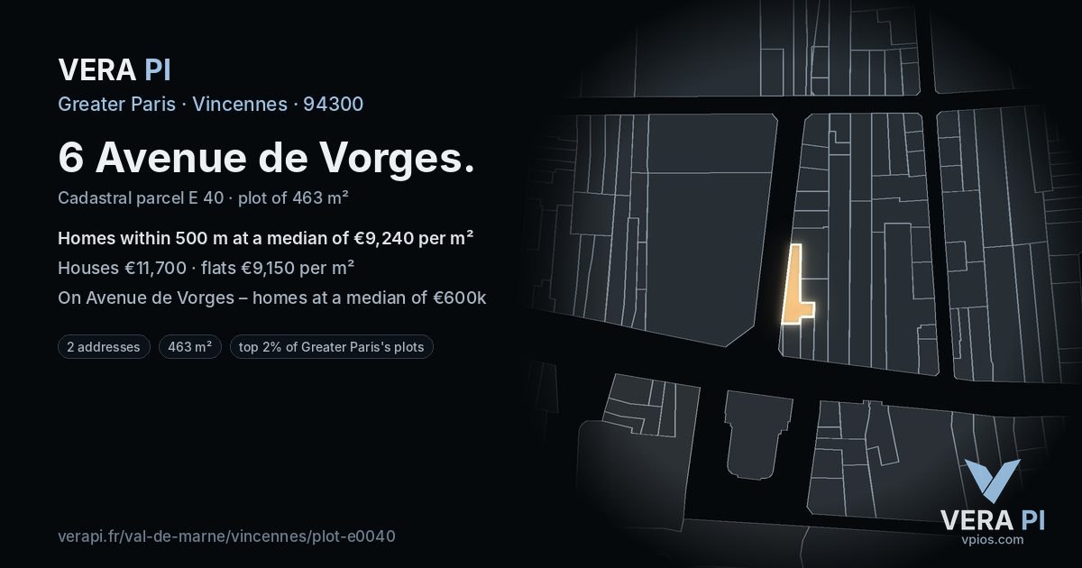 6 Avenue de Vorges, Vincennes at night – the plot lit, the parcels around coloured by the prices near them