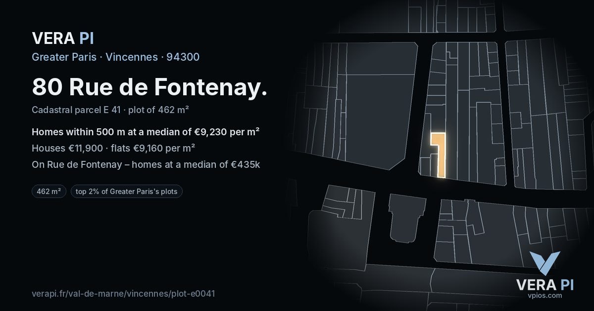 80 Rue de Fontenay, Vincennes at night – the plot lit, the parcels around coloured by the prices near them