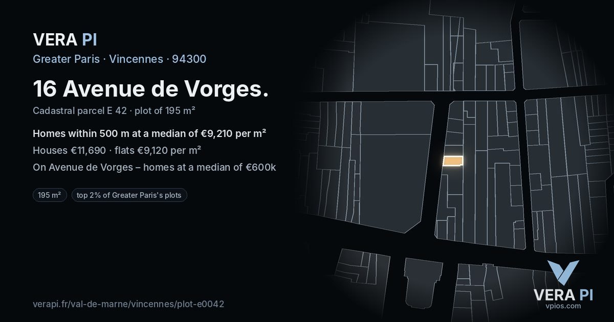 16 Avenue de Vorges, Vincennes at night – the plot lit, the parcels around coloured by the prices near them
