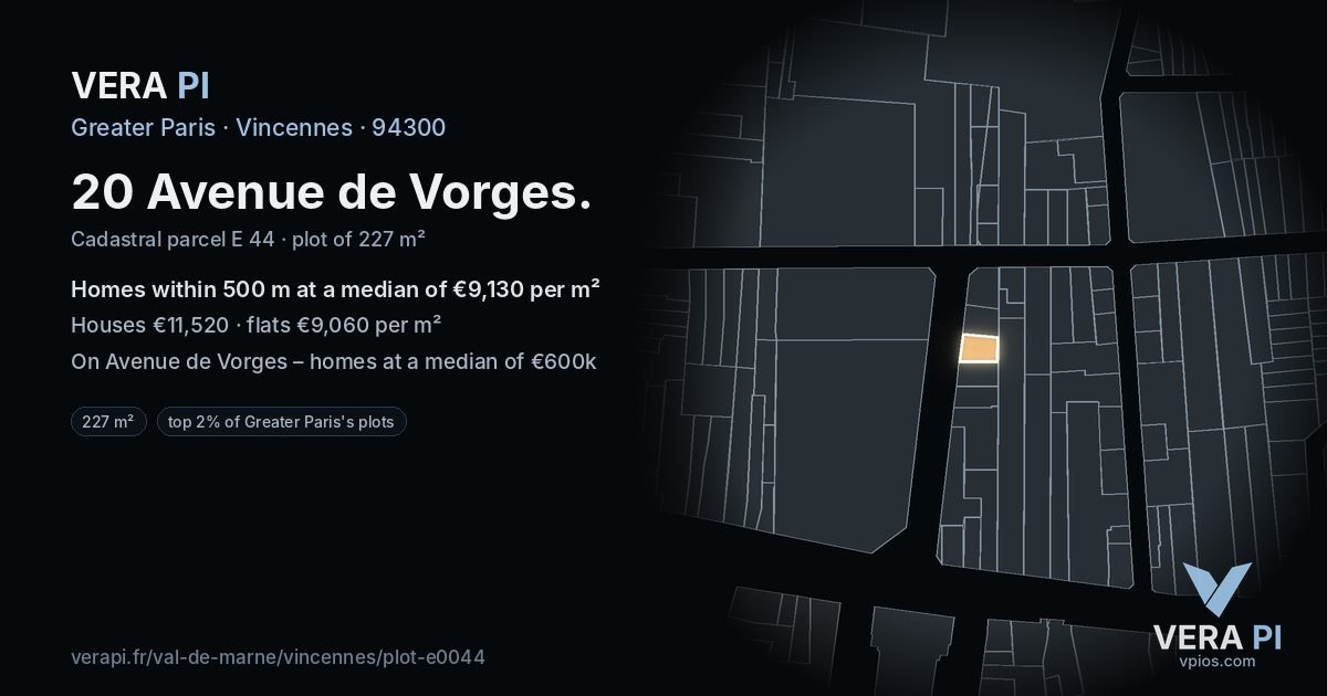 20 Avenue de Vorges, Vincennes at night – the plot lit, the parcels around coloured by the prices near them