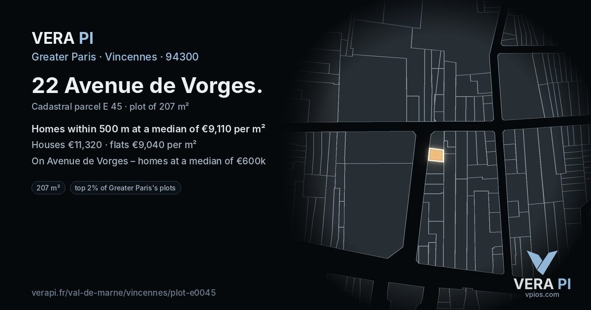 22 Avenue de Vorges, Vincennes at night – the plot lit, the parcels around coloured by the prices near them
