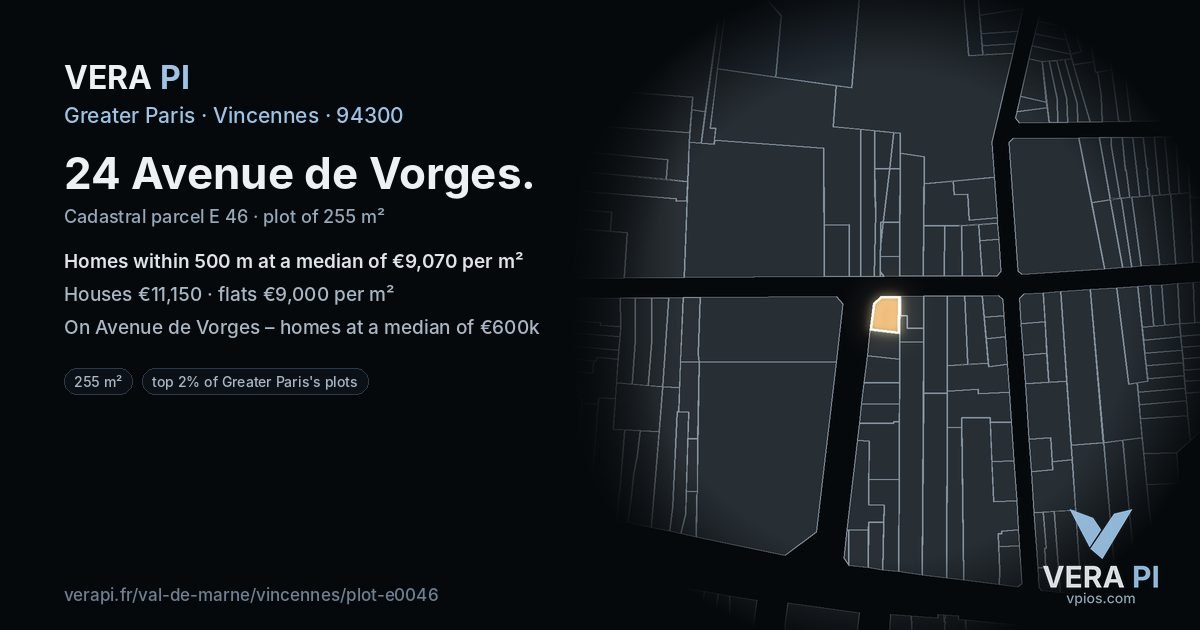 24 Avenue de Vorges, Vincennes at night – the plot lit, the parcels around coloured by the prices near them