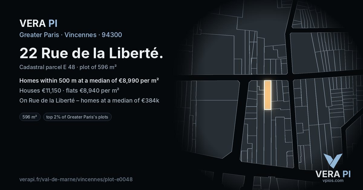22 Rue de la Liberté, Vincennes at night – the plot lit, the parcels around coloured by the prices near them