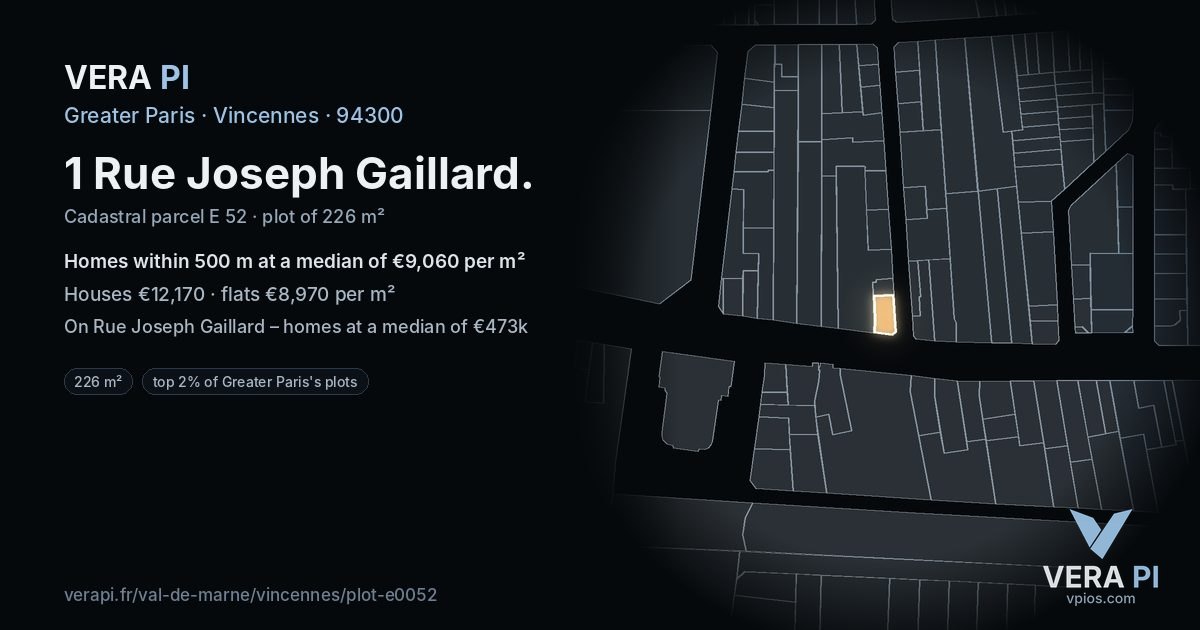1 Rue Joseph Gaillard, Vincennes at night – the plot lit, the parcels around coloured by the prices near them