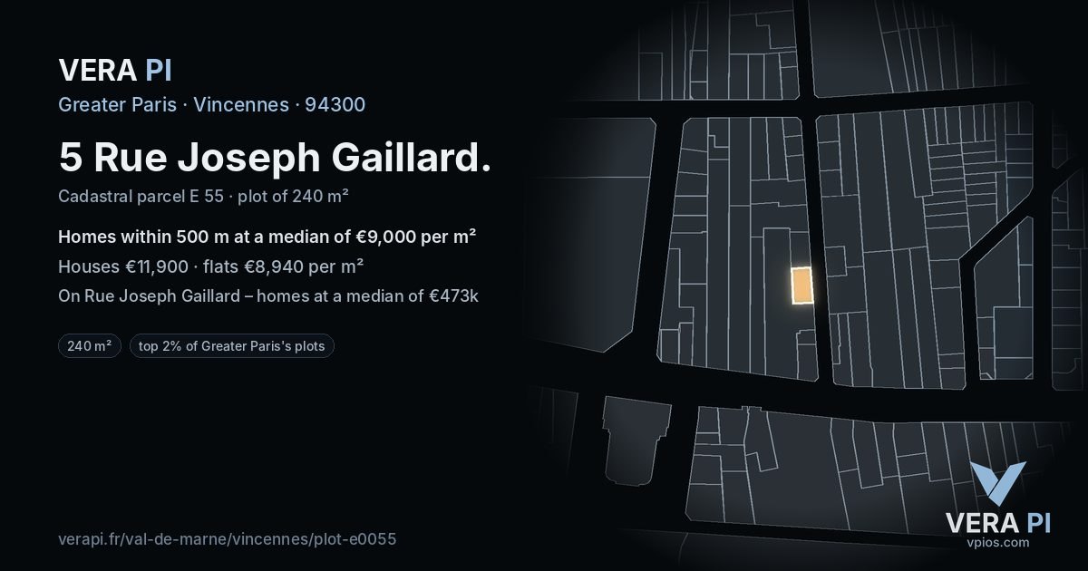 5 Rue Joseph Gaillard, Vincennes at night – the plot lit, the parcels around coloured by the prices near them
