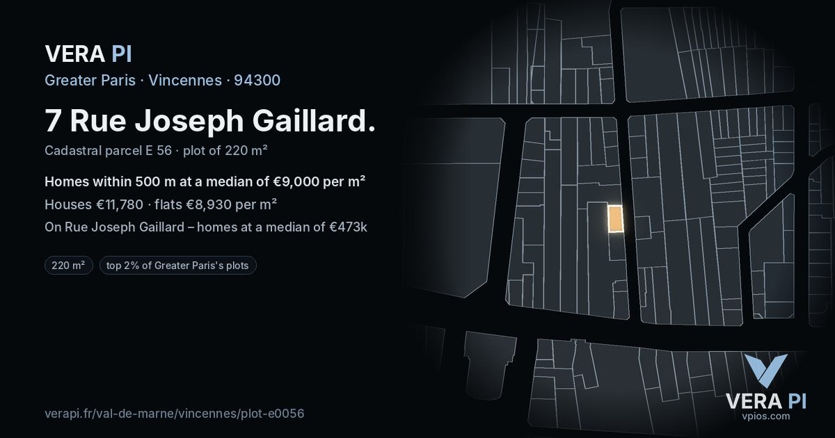 7 Rue Joseph Gaillard, Vincennes at night – the plot lit, the parcels around coloured by the prices near them