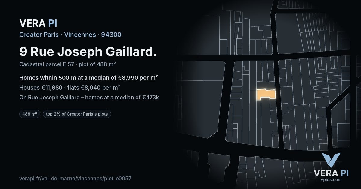 9 Rue Joseph Gaillard, Vincennes at night – the plot lit, the parcels around coloured by the prices near them