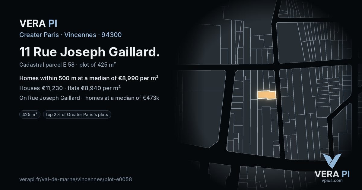 11 Rue Joseph Gaillard, Vincennes at night – the plot lit, the parcels around coloured by the prices near them
