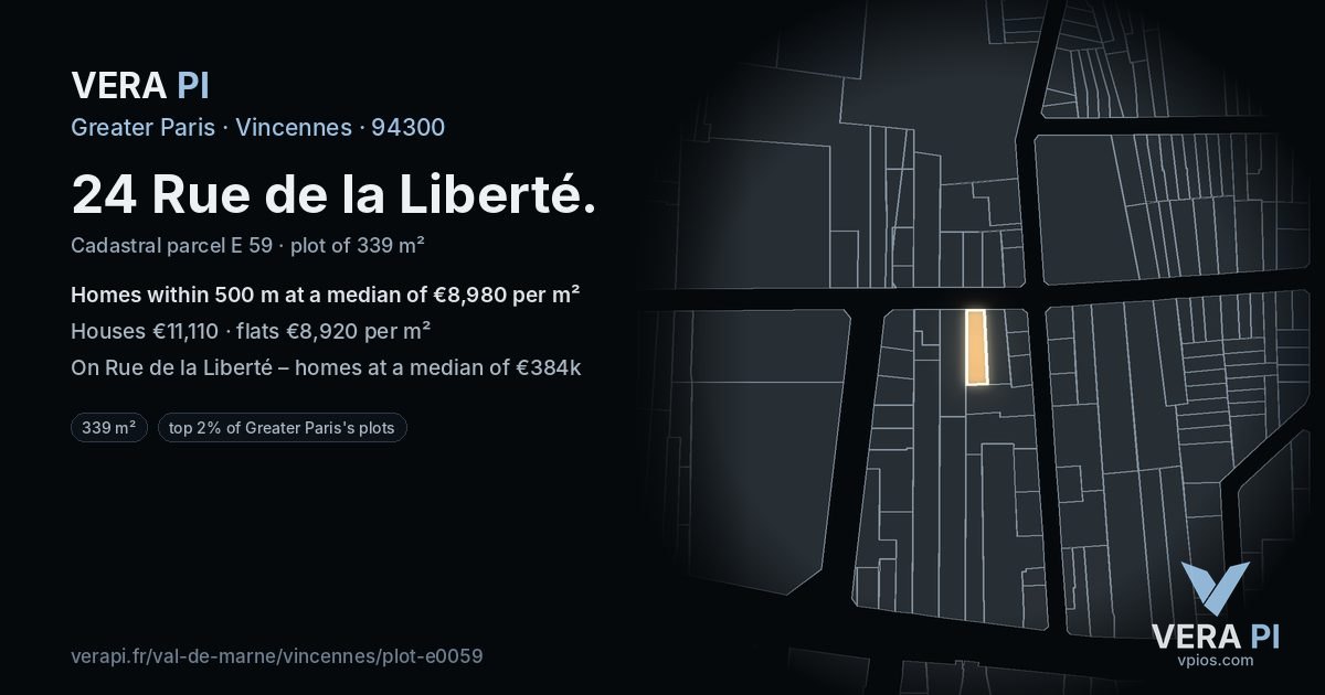 24 Rue de la Liberté, Vincennes at night – the plot lit, the parcels around coloured by the prices near them