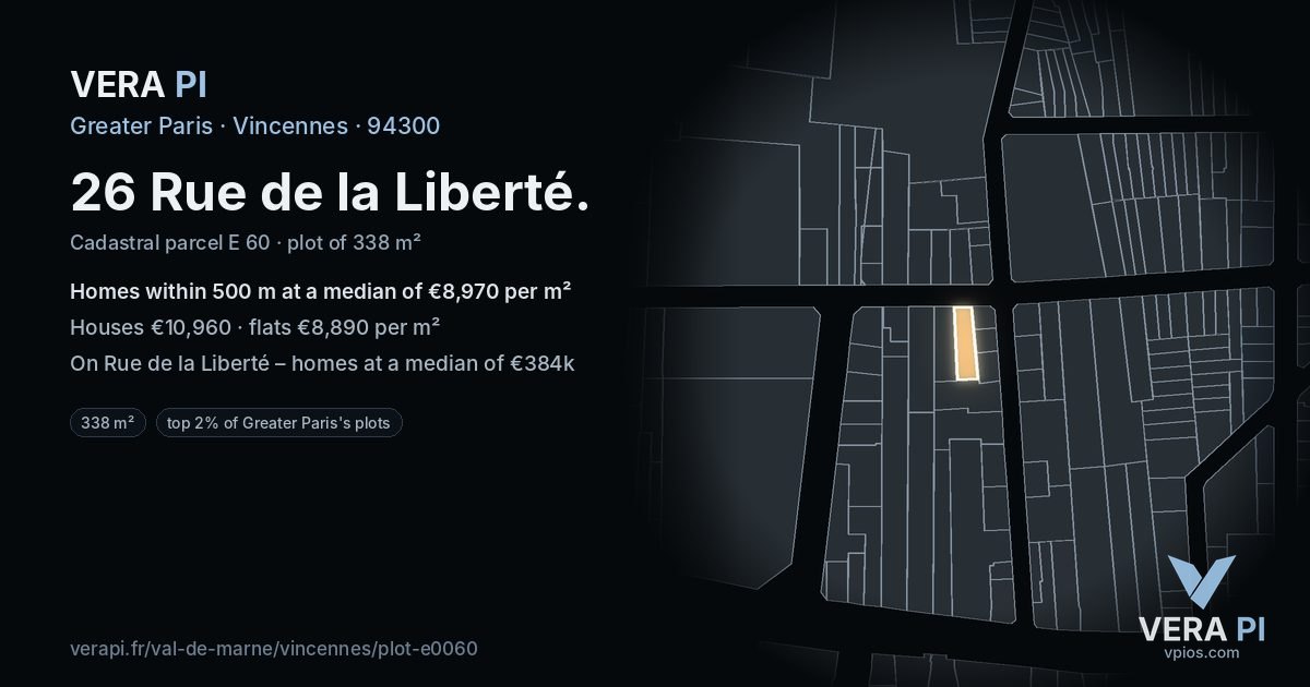 26 Rue de la Liberté, Vincennes at night – the plot lit, the parcels around coloured by the prices near them