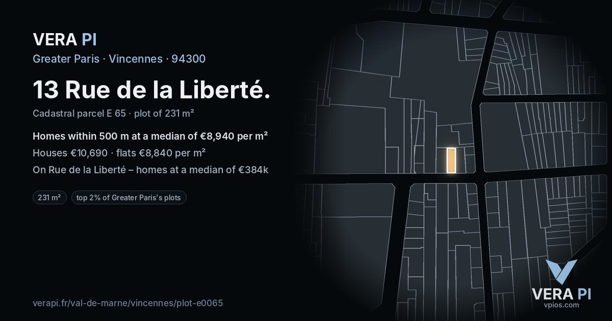 13 Rue de la Liberté, Vincennes at night – the plot lit, the parcels around coloured by the prices near them