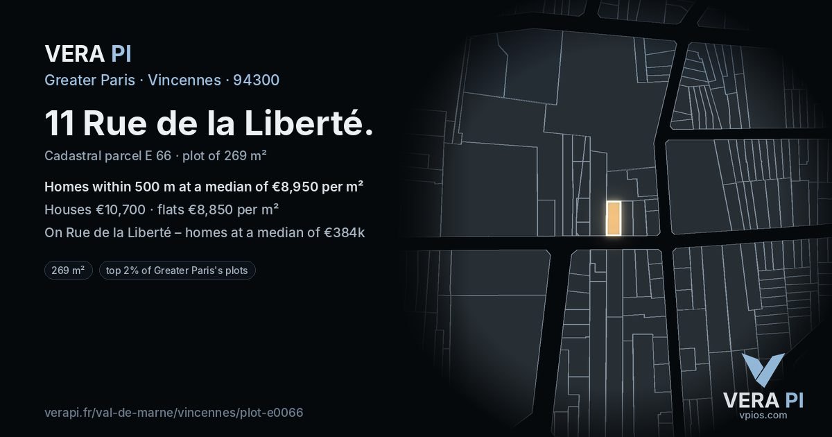 11 Rue de la Liberté, Vincennes at night – the plot lit, the parcels around coloured by the prices near them