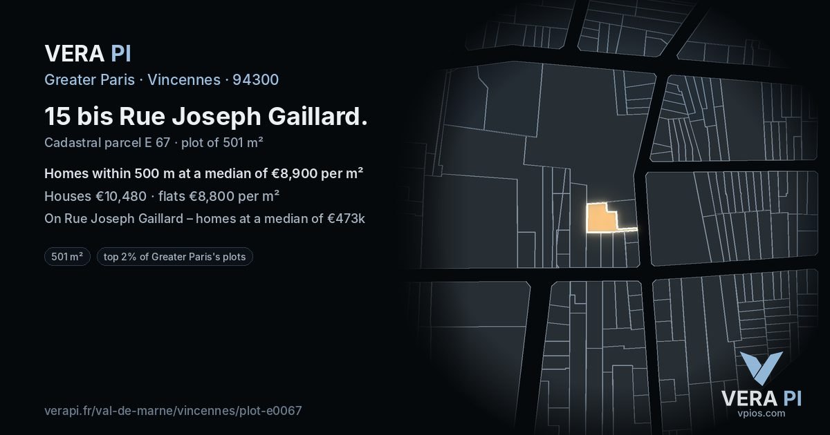 15 bis Rue Joseph Gaillard, Vincennes at night – the plot lit, the parcels around coloured by the prices near them