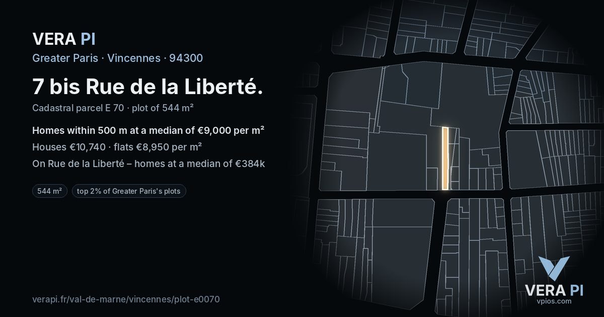 7 bis Rue de la Liberté, Vincennes at night – the plot lit, the parcels around coloured by the prices near them