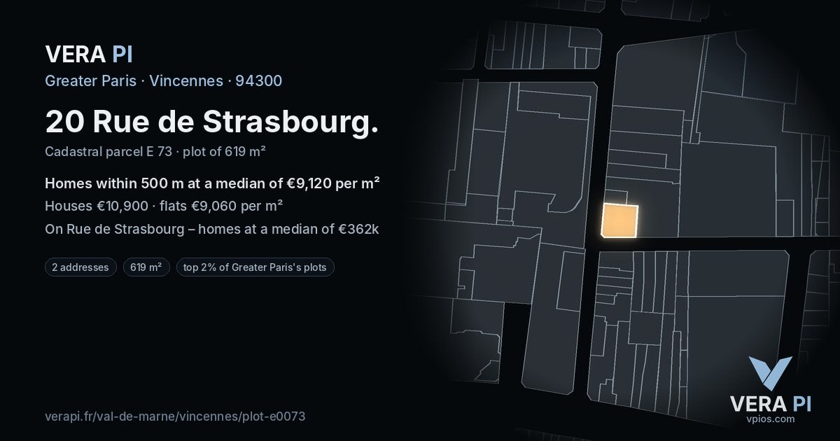 20 Rue de Strasbourg, Vincennes at night – the plot lit, the parcels around coloured by the prices near them