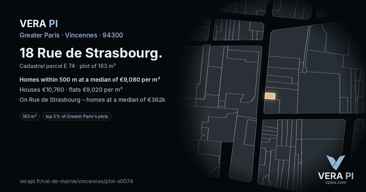 18 Rue de Strasbourg, Vincennes at night – the plot lit, the parcels around coloured by the prices near them