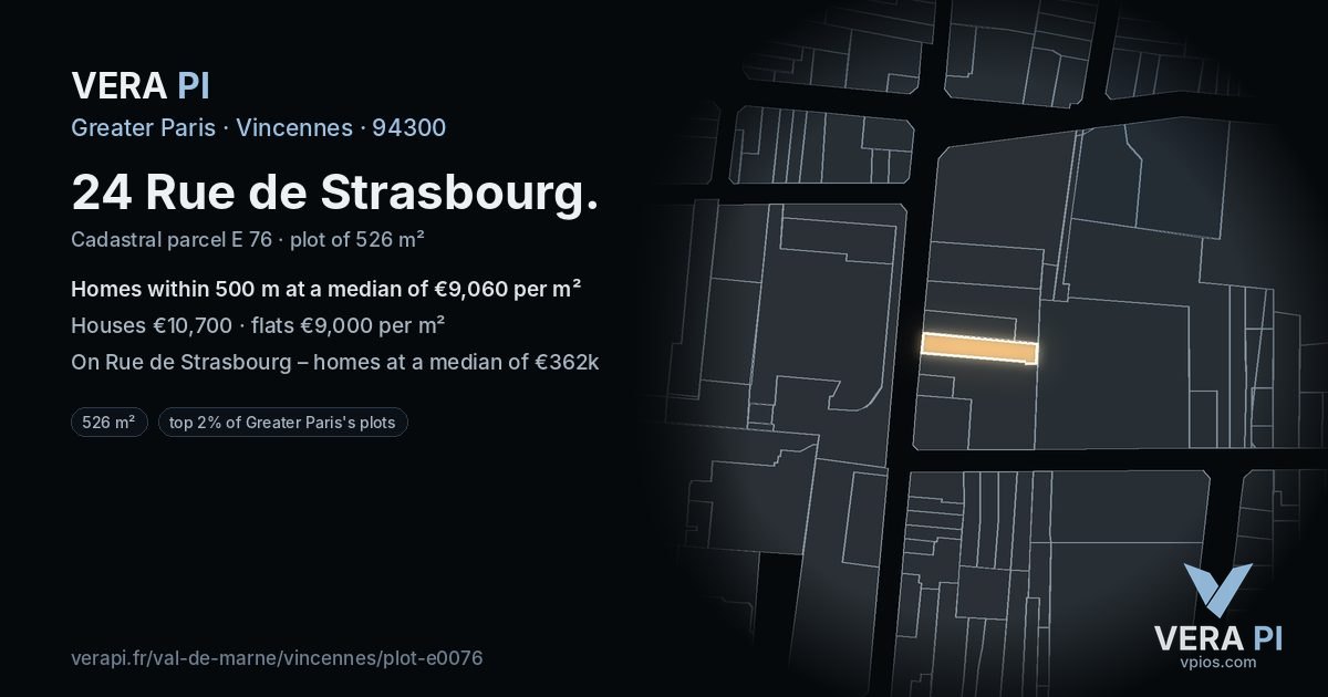 24 Rue de Strasbourg, Vincennes at night – the plot lit, the parcels around coloured by the prices near them