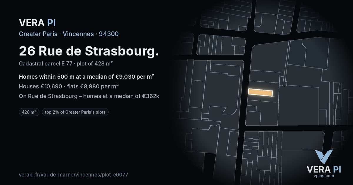 26 Rue de Strasbourg, Vincennes at night – the plot lit, the parcels around coloured by the prices near them